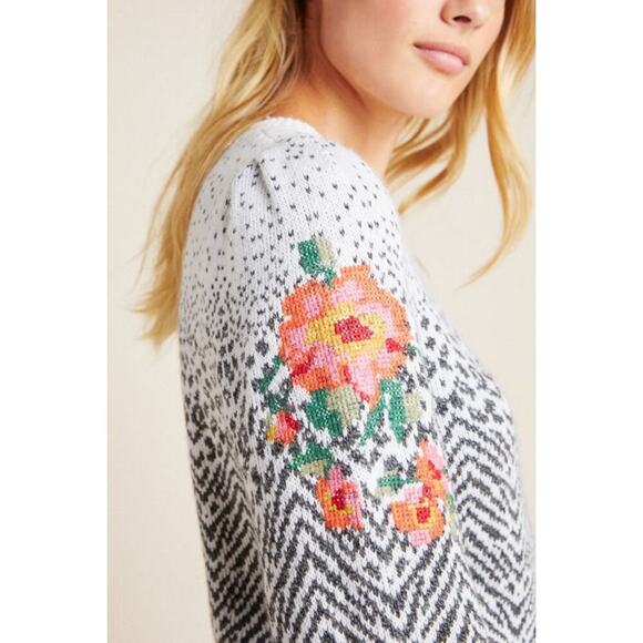 By Anthropologie Karolina Sweater Size LP Ivory Gray Floral Wool Jacquard Petite - Picture 6 of 16